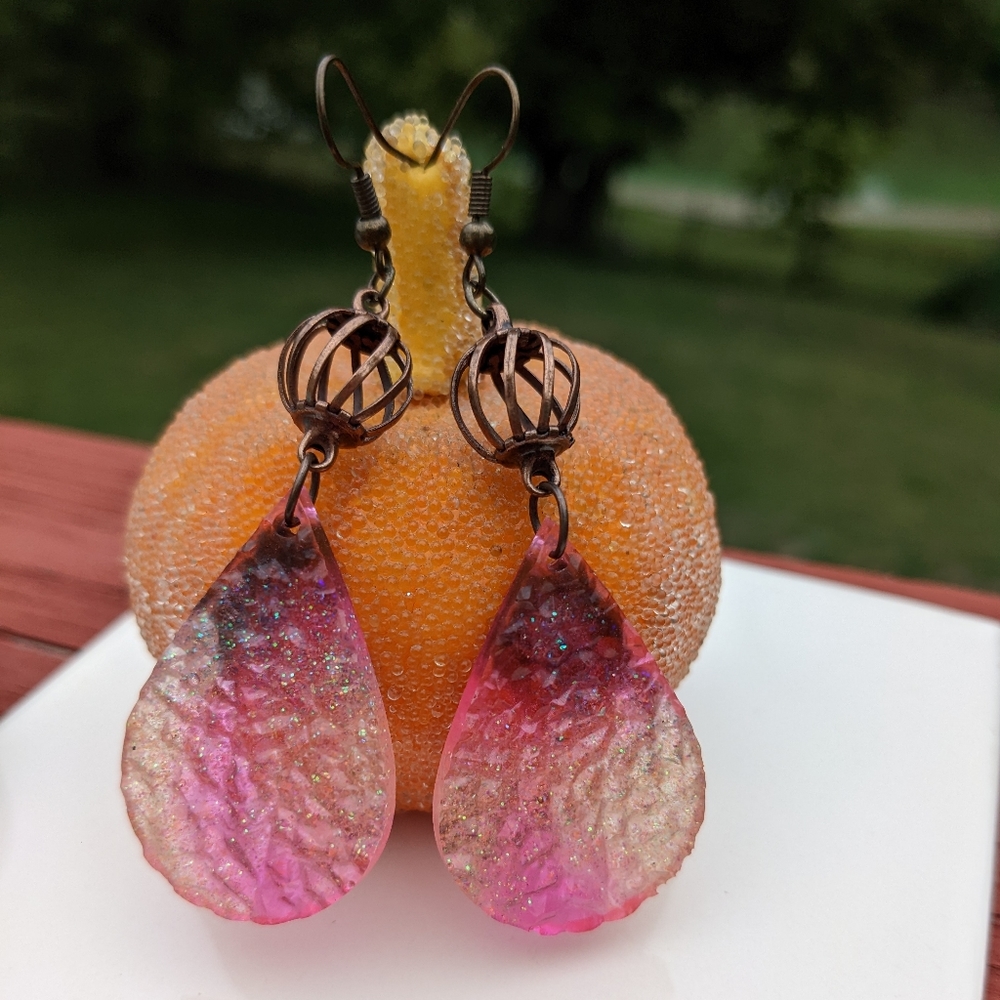 Sparkly Druzy Earrings Handmade Resin Glitter Cute Dangly Brass Unique Festival